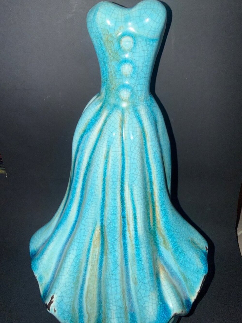 Ceramic Turquoise Dress Figurine Crackle Glaze 7.5 Inches